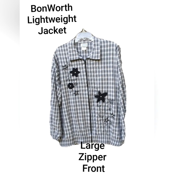 🤍🖤Vintage BonWorth Lightweight Embroidered Jacket Full Zipper Pockets Large - Picture 1 of 13